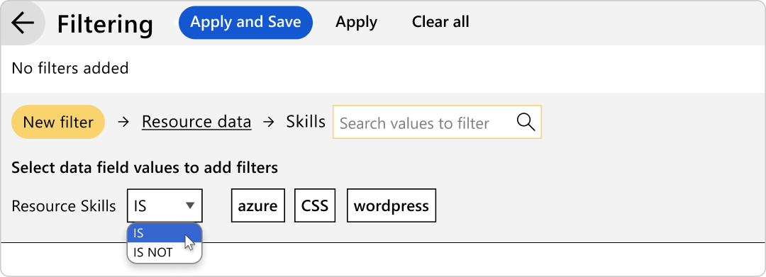 Filtering in Ganttic can be done using data fields. 