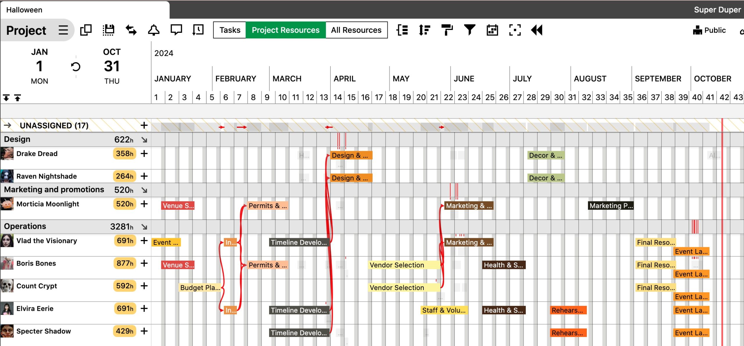 Create a resource Gantt chart in Ganttic to start planning your Halloween event months in advance.